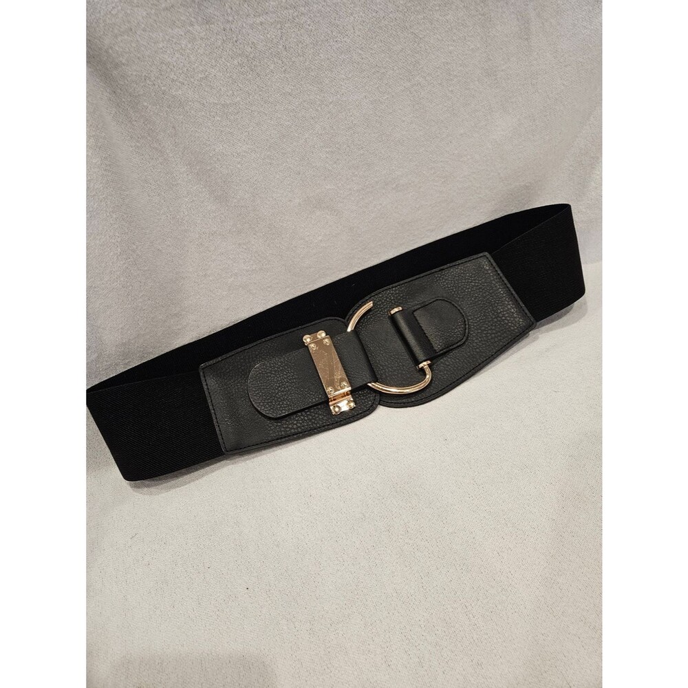 Trendy Black Elastic Wide Waist Belt with Gold Hardware L
